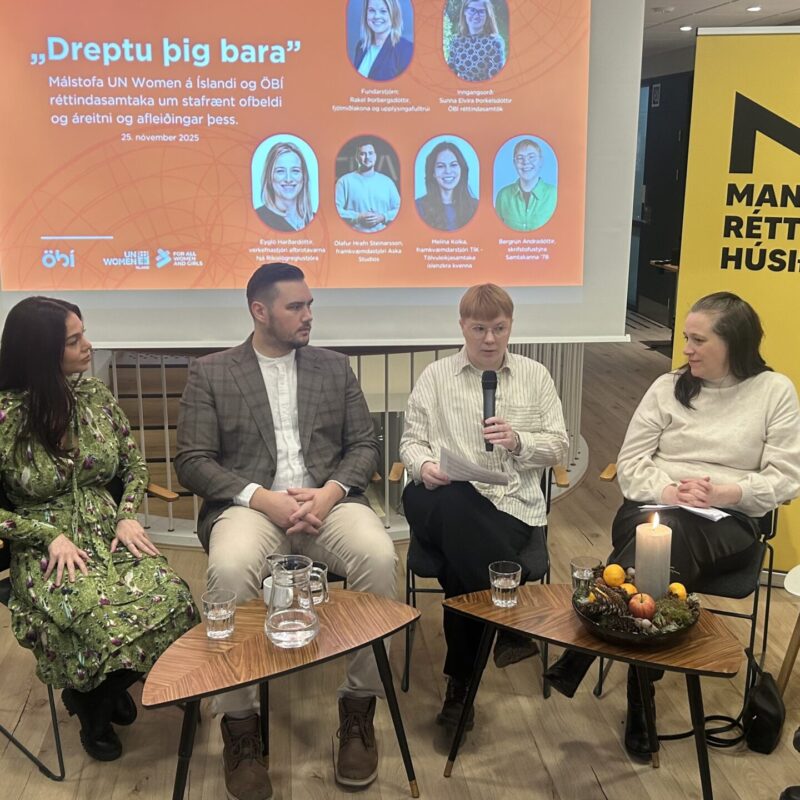 Sex manns sitja í pallborði í Mannréttindahúsinu, ein þeirra í hjólastól. Fyrir aftan þau er appelsínugulur skjár með yfirskriftinni „Dreptu þig bara“ um stafrænt ofbeldi og gulur standi með merki Mannréttindahússins. Á litlum borðum fyrir framan eru vatnsglös og kertaskreyting.