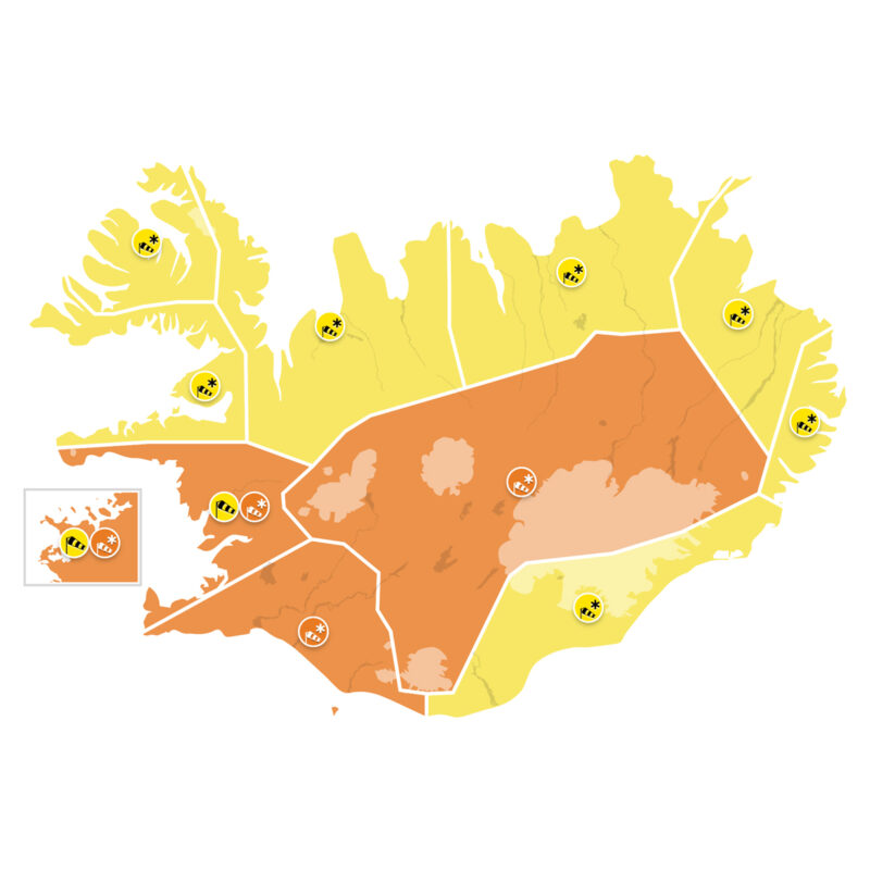 Íslandskort Veðurstofunnar. Appelsínugul viðvörun vegna veðurs á höfuðborgarsvæðinu og víðar