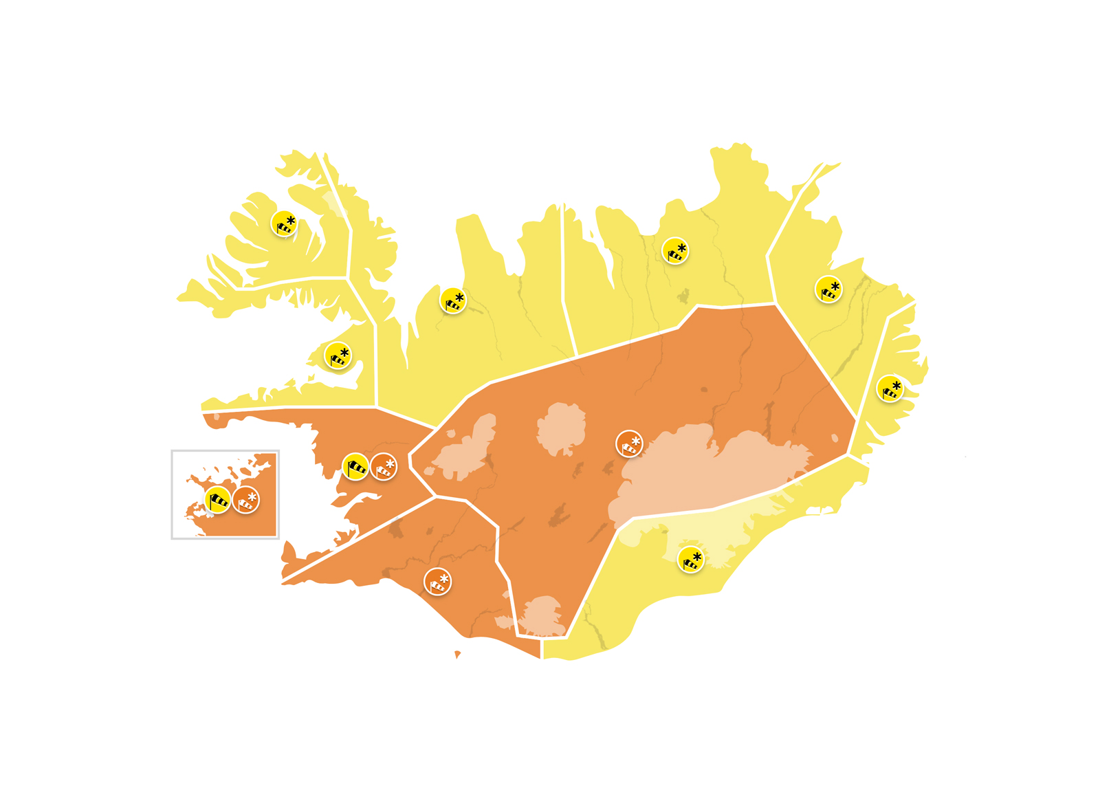 Íslandskort Veðurstofunnar. Appelsínugul viðvörun vegna veðurs á höfuðborgarsvæðinu og víðar